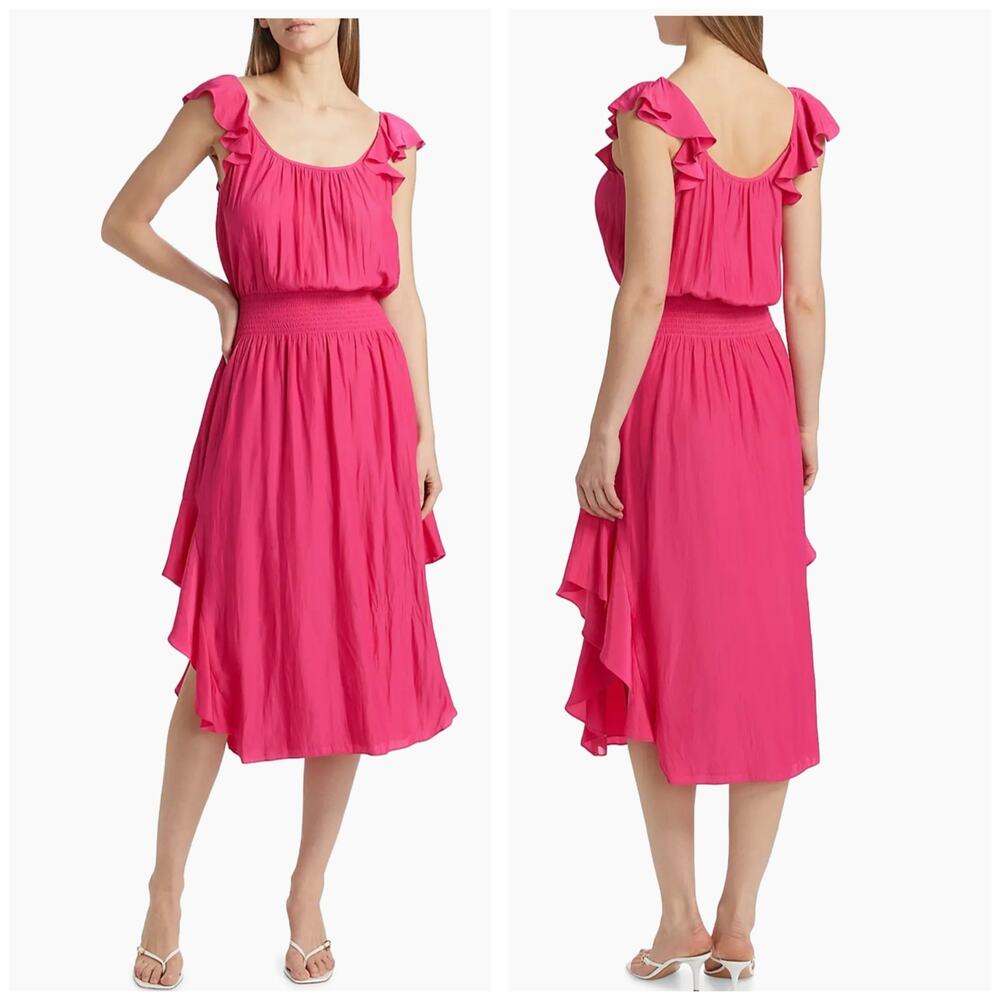 Ramy Brook Clementine Midi Dress Size Medium Pink Satin Asymterical Hem Cocktail